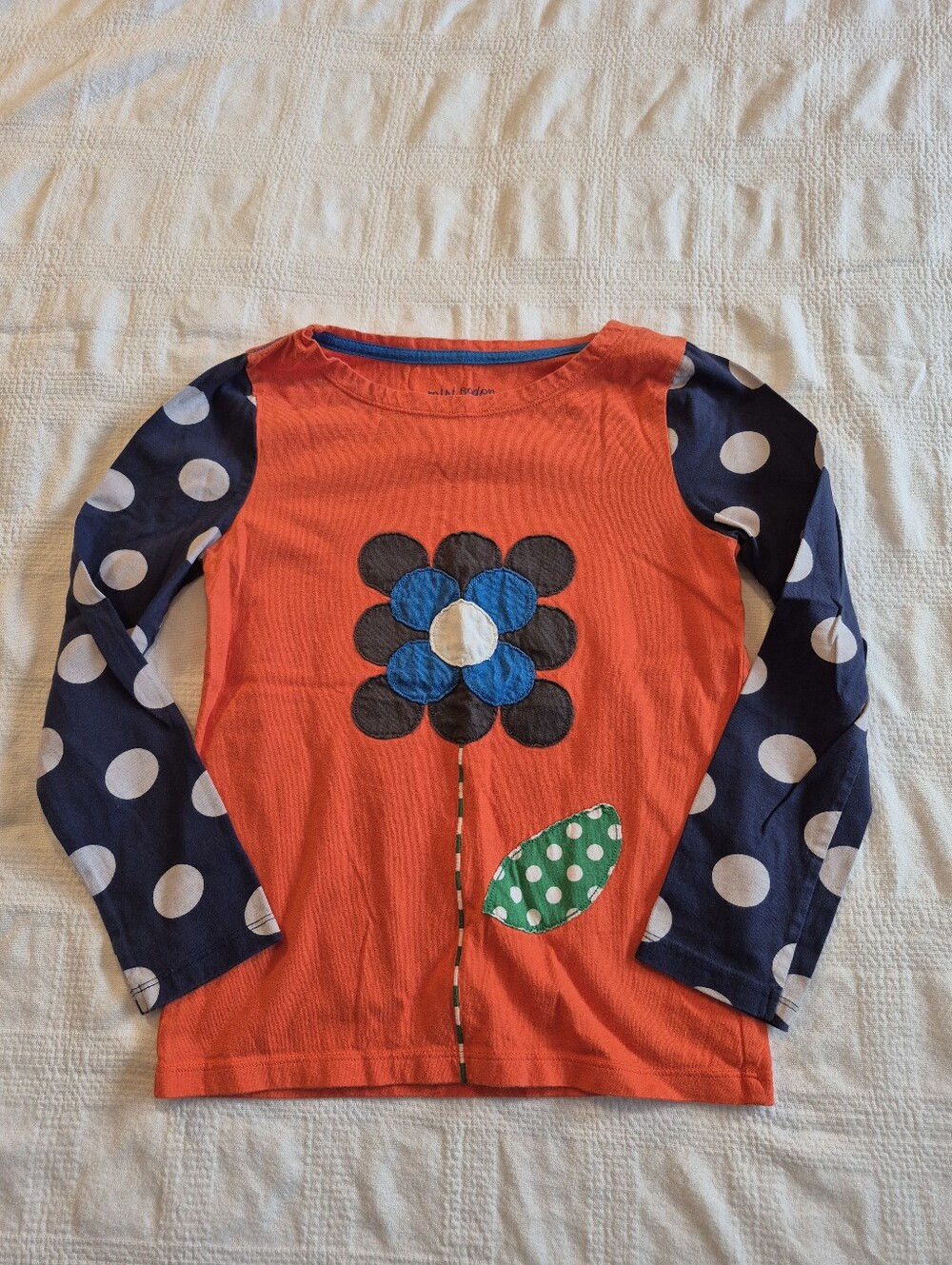 Mini Boden girls 9/10 years long sleeve shirt applique flower orange blue VGUC
